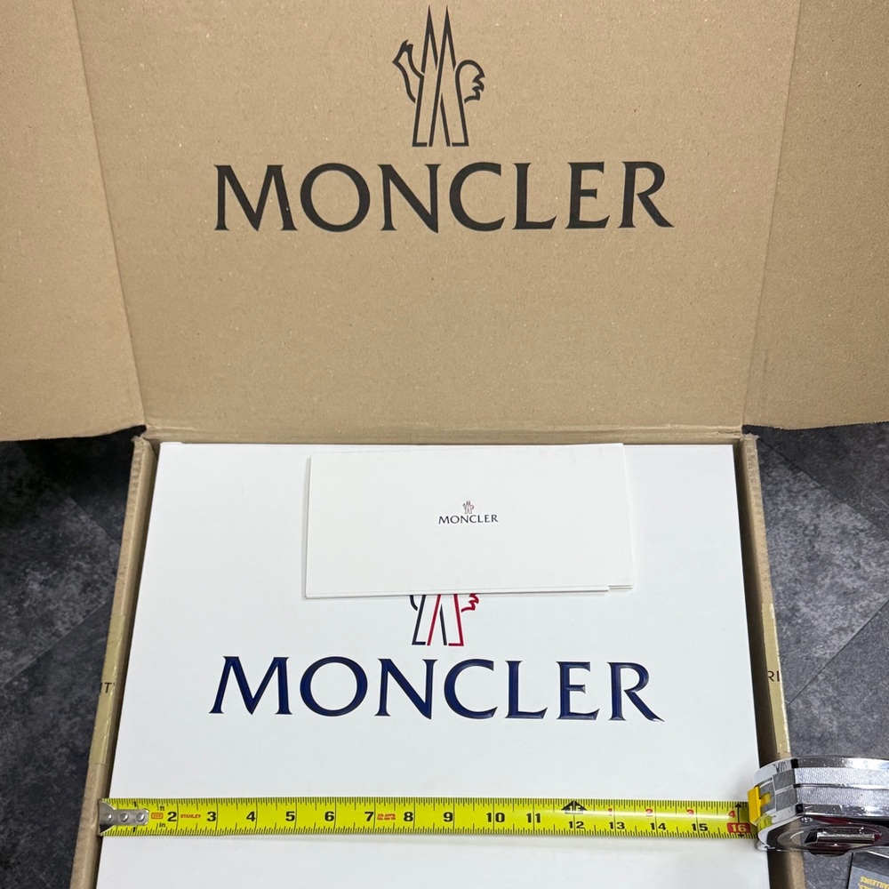Moncler White Box with Navy Logo and Red Accent